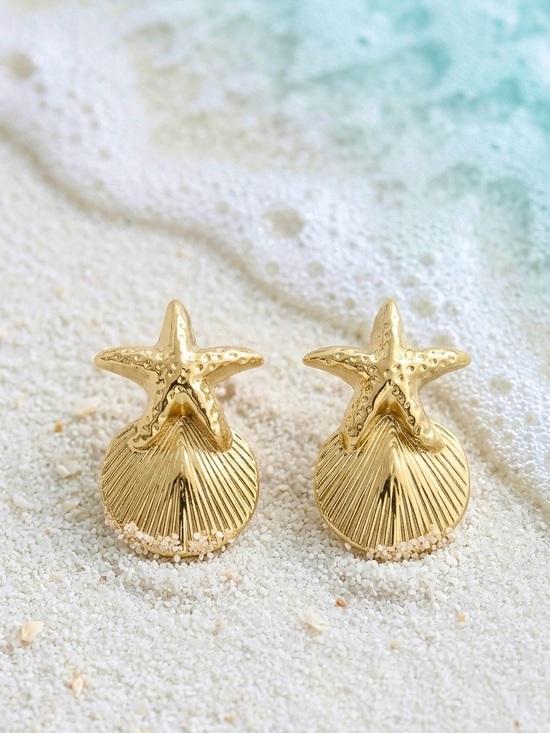 SC JEWELRY Jewelry - 14k Gold Plated Starfish & Seashell Stud Earrings - Dainty Beach Jewelry
